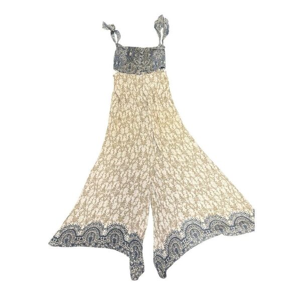 Free People Boho Smocked Wide-Leg Jumpsuit XS Blue Beige Floral Tie Straps - Picture 3 of 11
